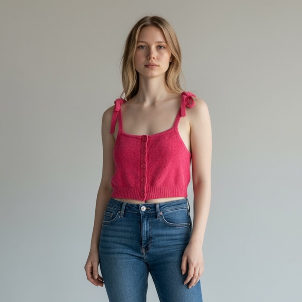 JoosTricot Knit Cropped Top XS Coral Pink Button Front Tie Strap Tank Linen‎
